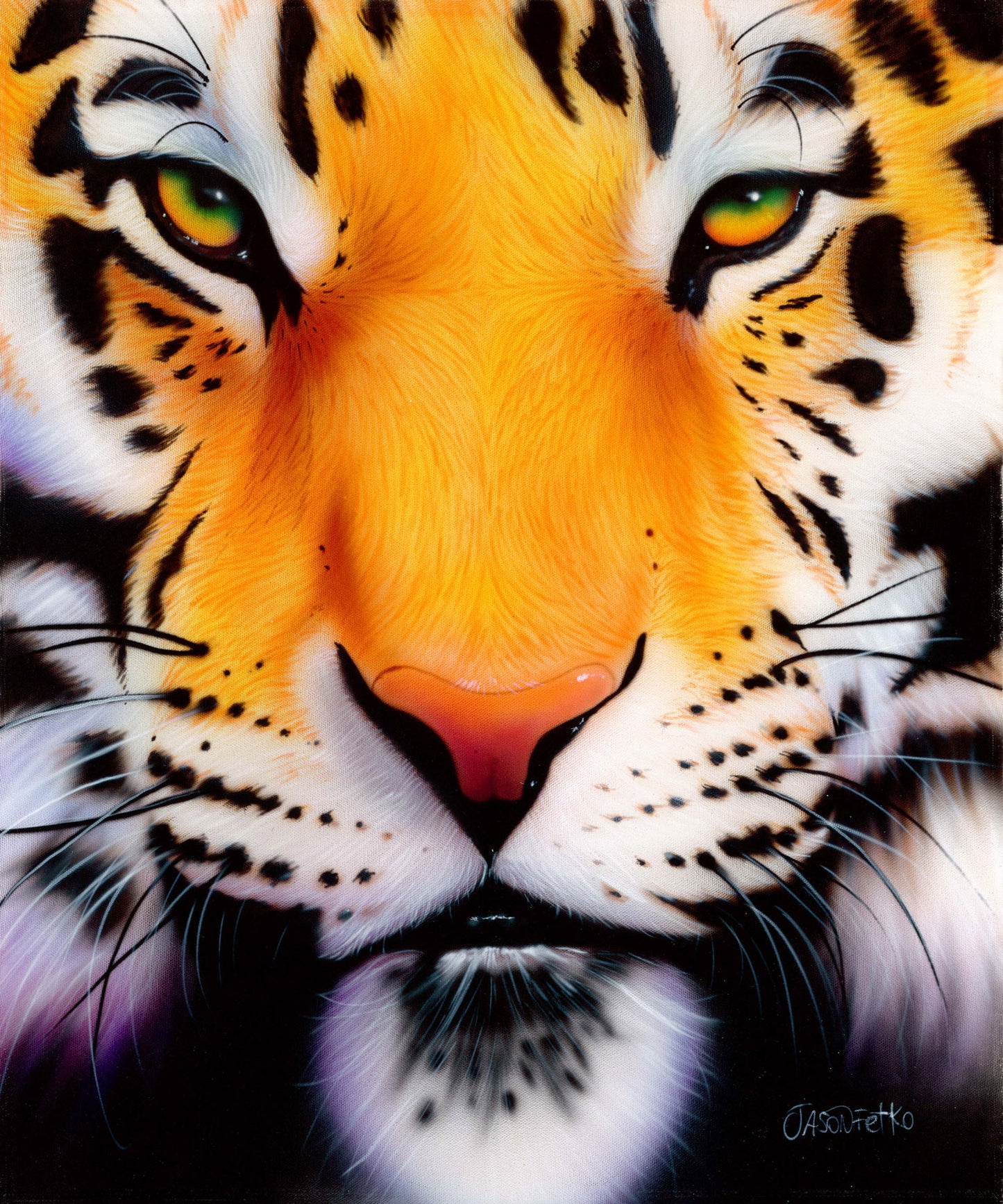 A close-up tiger face artwork filling the frame, with bright orange fur, black stripes, white markings, and vivid yellow-green eyes. A small artist signature appears in the lower right corner.