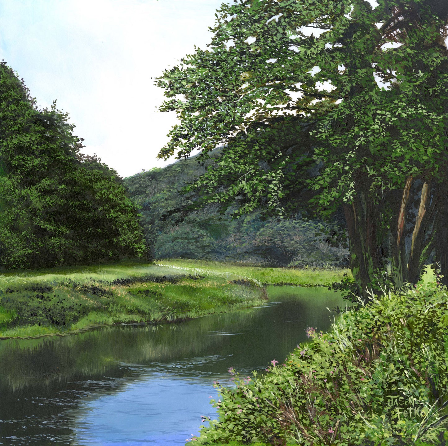 Somewhere in England English countryside wall art featuring a peaceful river winding through lush green meadows beneath towering trees by Jason Fetko.