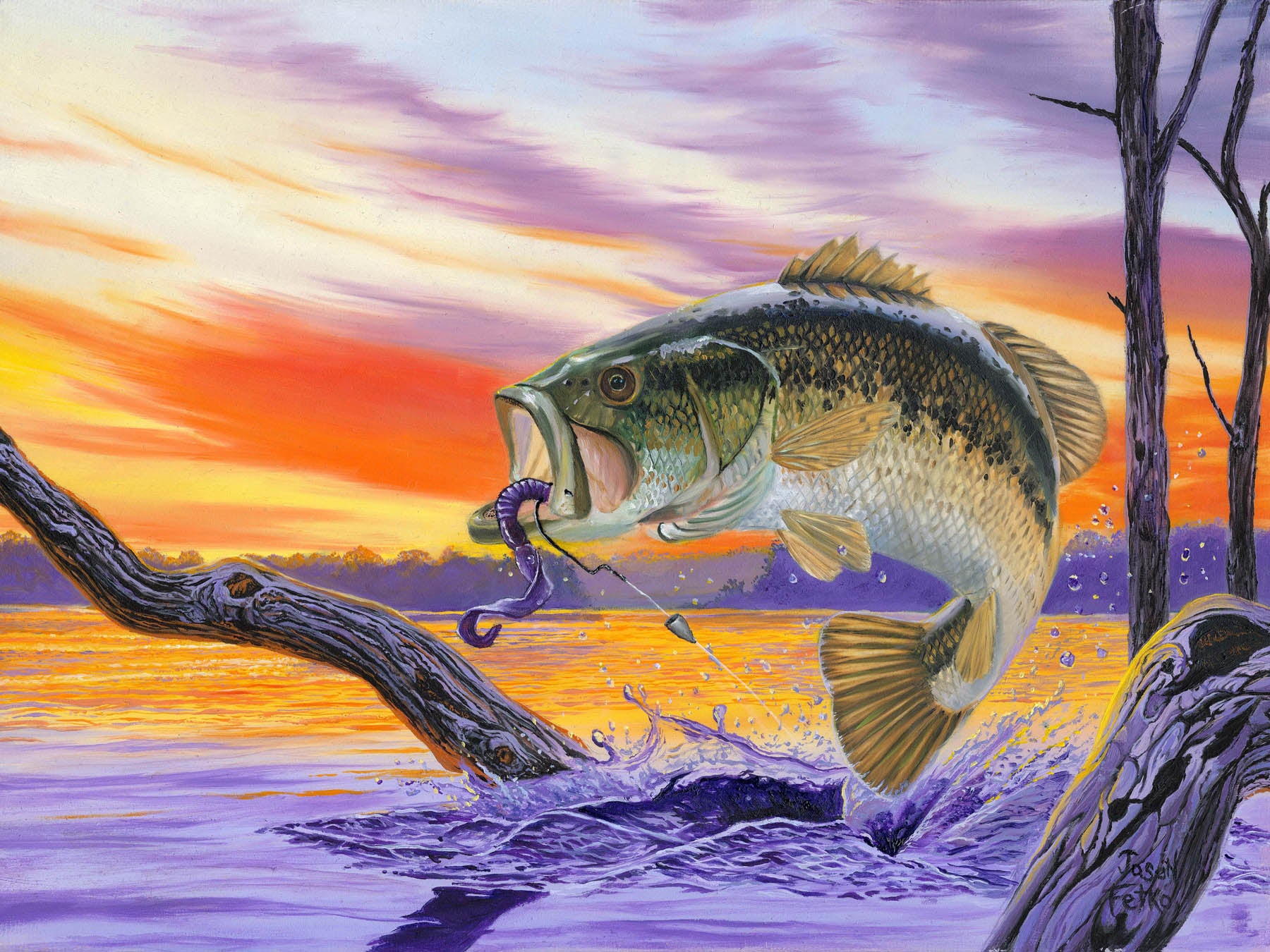 Bass Splash by Jason Fetko featuring a powerful largemouth bass exploding from the water with vibrant blue splashes and lifelike detail.