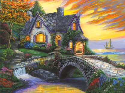 Seaside Sunset Cottage coastal cottage wall art featuring an ocean sunset, sailboat, stone bridge, colorful gardens, and cozy seaside home by Jason Fetko.