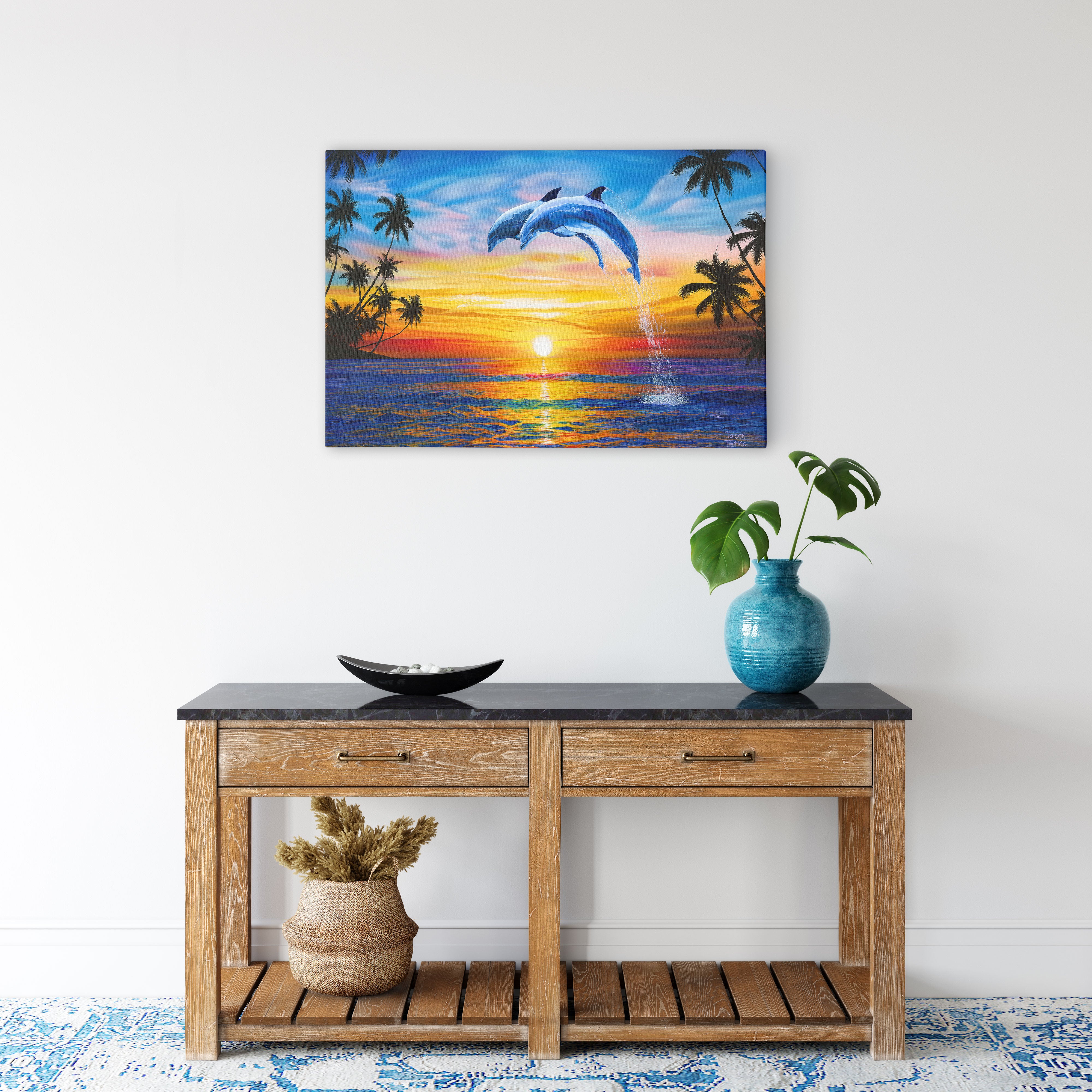 Dolphin Sunset Art Print, Dolphins Art, Ocean Palm... – Jason Fetko